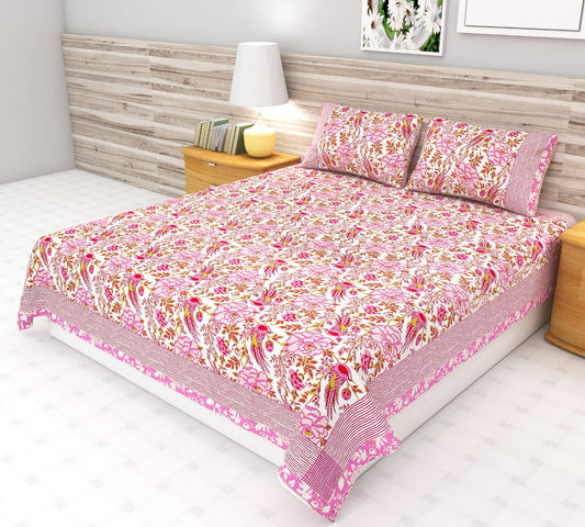 Pink Flower Printed Bedsheet | King