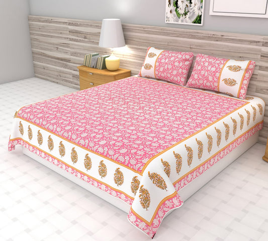Handblock Flower Butti Print Bedsheet (Pink) | King